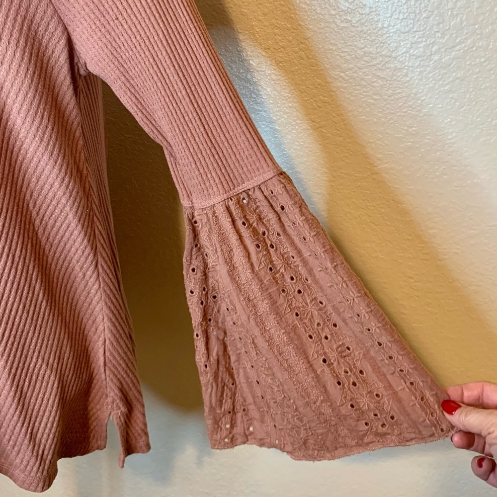 Free People Parisian Nights Long Bell Sleeve Eyelet Top Rose Brown Size Medium - Picture 6 of 15